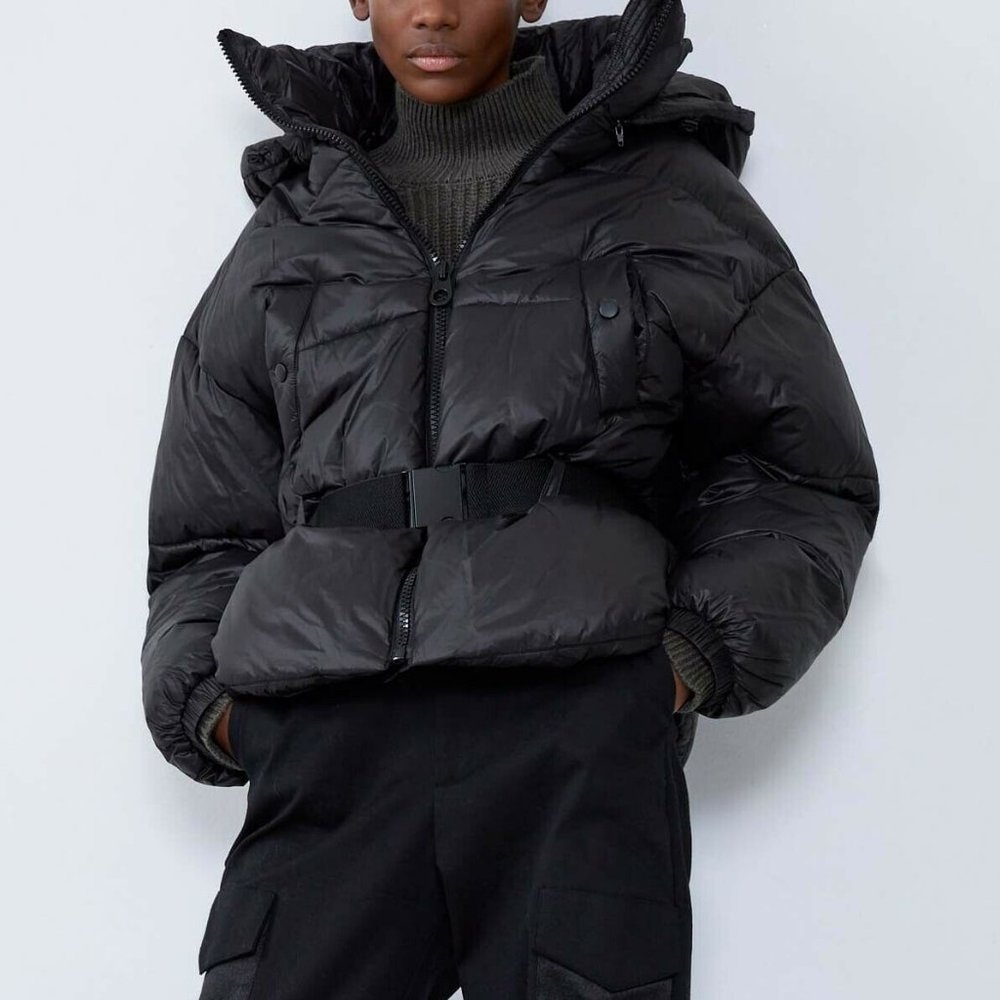 NEW Zara Black Sorona Dupont Removable Hood Soft Cozy Puffer Jacket with Belt - Picture 4 of 9